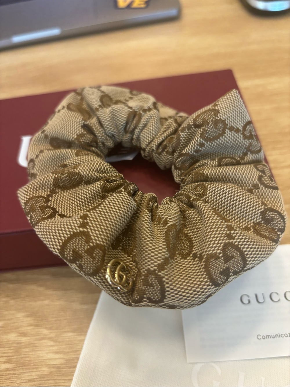 Gucci Beige and Brown Monogram Scrunchie with Gold GG Accent